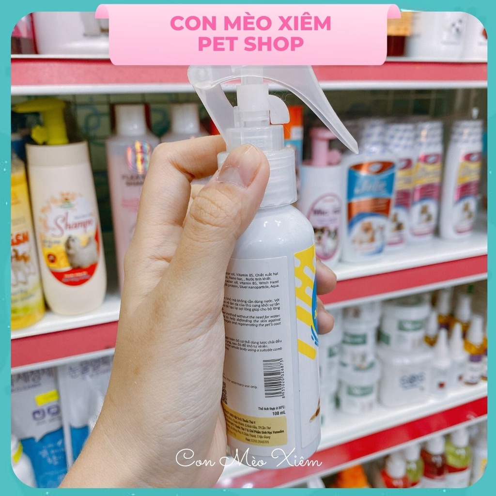 Tắm khô chó mèo Vemedim smooth and sweet 100ml, xịt thơm mượt lông thú cưng Con Mèo Xiêm