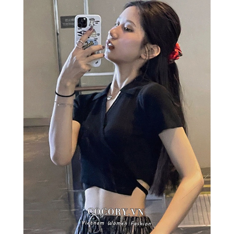Cocory vn  Áo Croptop Dệt Kim Tay Ngắn Cổ Chữ V Thiết Kế Độc Đáo Thời Trang Mùa Hè Quyến Rũ Cho Nữ
