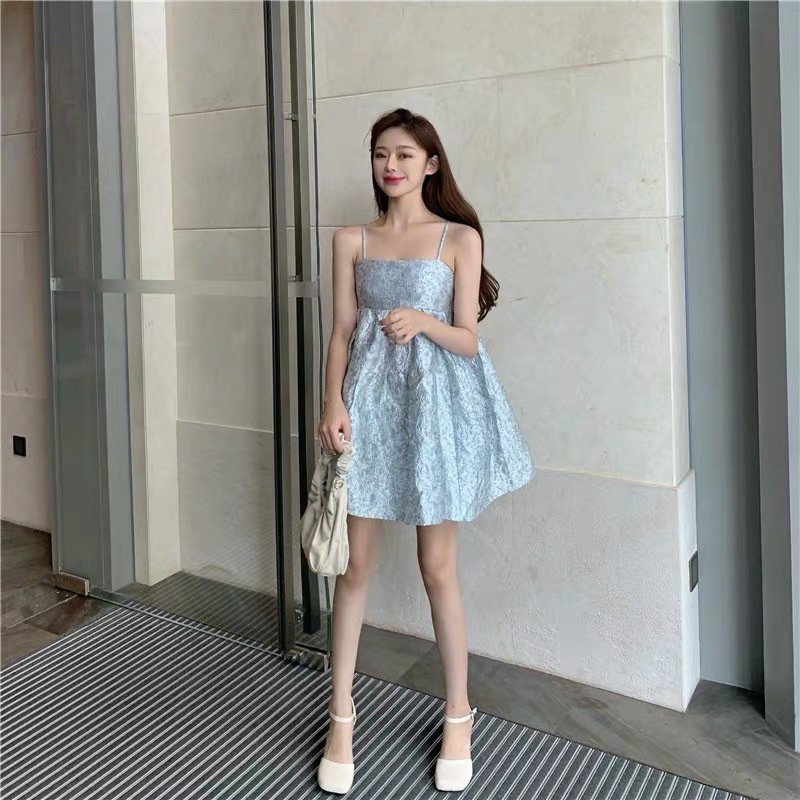 [SẴN] Đầm babydoll 2 dây gấm hoạ tiết hoa nổi hot trend Tiktok