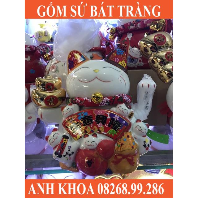 Mèo Thần Tài vẫy tay Bát Phương Chiêu Tài Lộc cao 25cm - Gốm sứ Bát Tràng Anh Khoa
