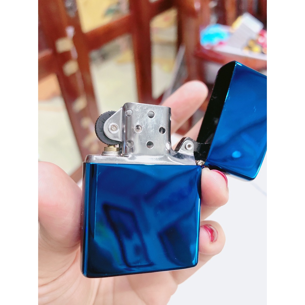 Bật.Lửa Ziippo Màu Xanh bóng In LoGo - Vỏ đồng, Có tem đỏ