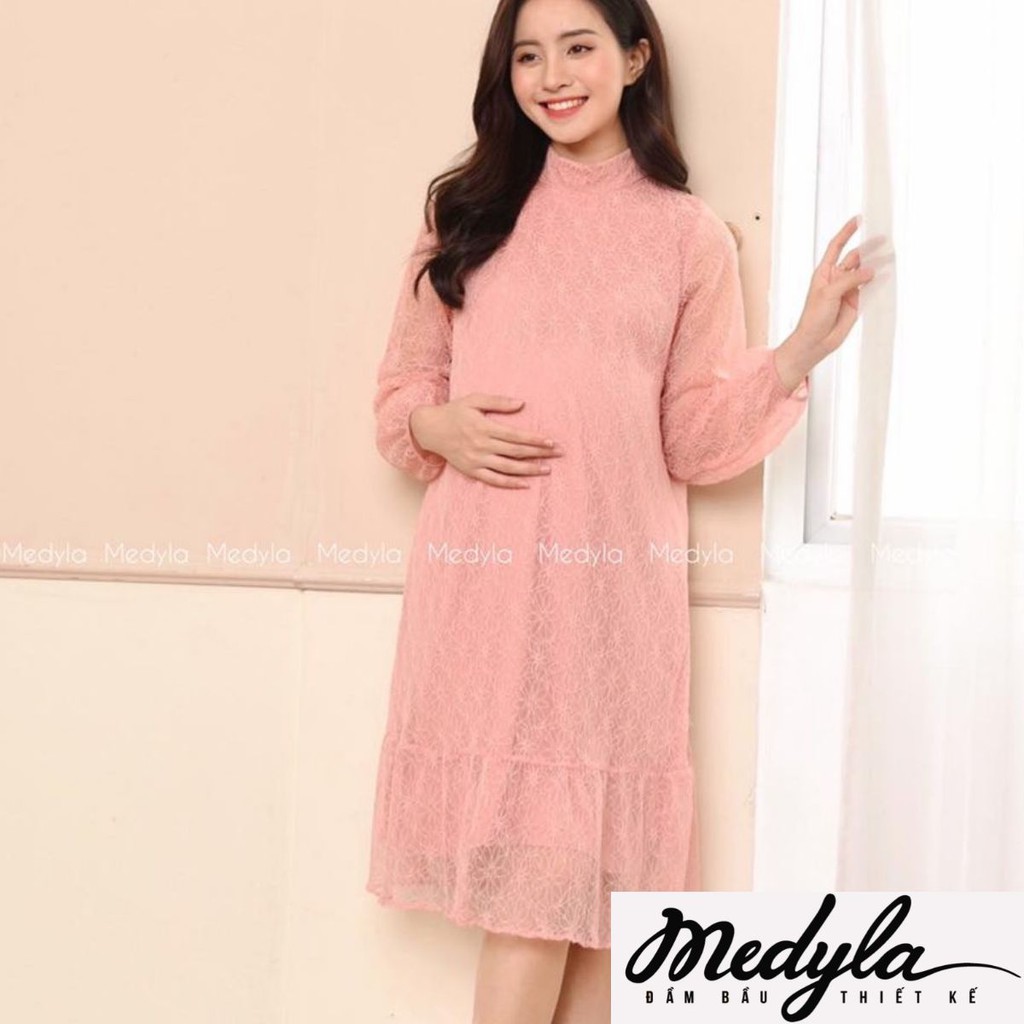 Đầm bầu dự tiệc hồng xinh cho bầu diện tết - Váy bầu mùa đông siêu xinh thiết kế Medyla - VS415