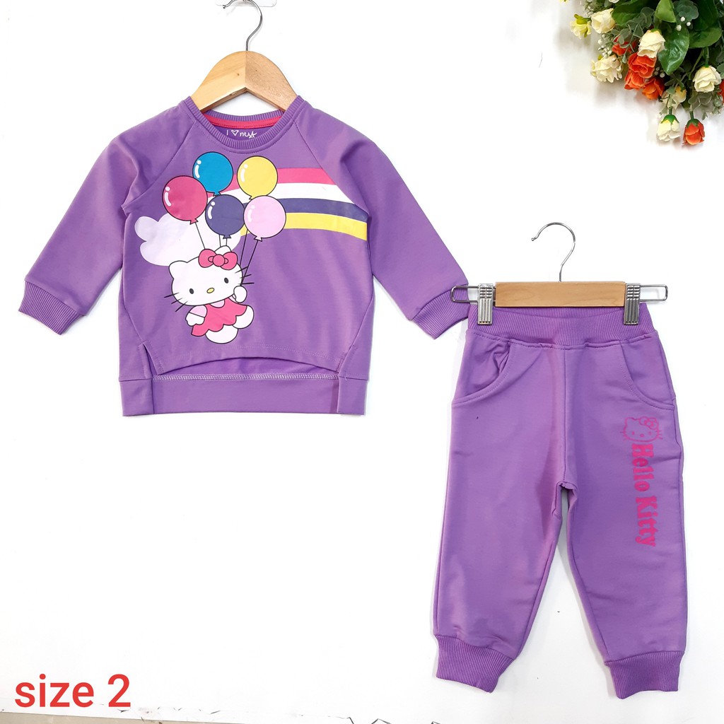 DG69-BT-29- Bộ tay dài bé gái, chất nĩ dày dặn, in hình hello Kitty cute màu hồng, tím&cam, size 7-12kg made in Việt Nam