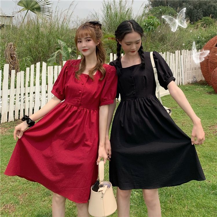 Đầm tay ngắn cổ vuông dáng chữ A phong cách Hàn Quốc thời trang mùa hè mới