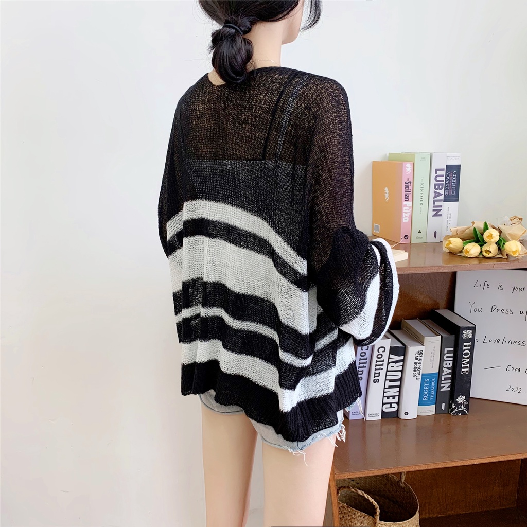SUXI Áo Cardigan Dệt Kim Tay Dài Dáng Rộng Họa Tiết Kẻ Sọc Màu Sắc Phong Cách Hàn Quốc Thời Trang Cho Nữ