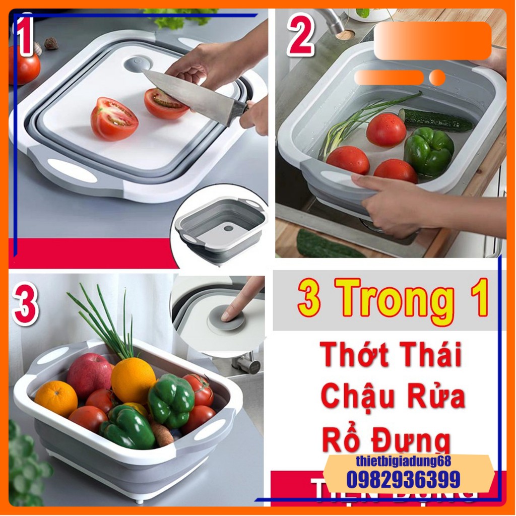 Bộ Thớt Kèm Chậu Gấp Gọn Đa Năng 3in1 – Vừa Làm Thớt Thái Vừa Làm Rổ Và Chậu Rửa