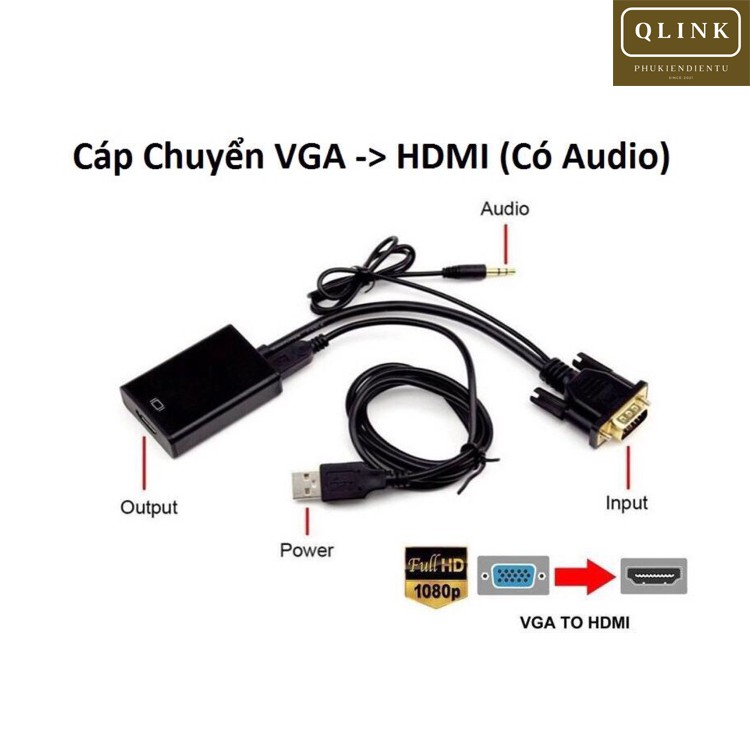 Vga to hdmi, cáp chuyển đổi VGA sang HDMI có âm thanh kèm dây micro usb