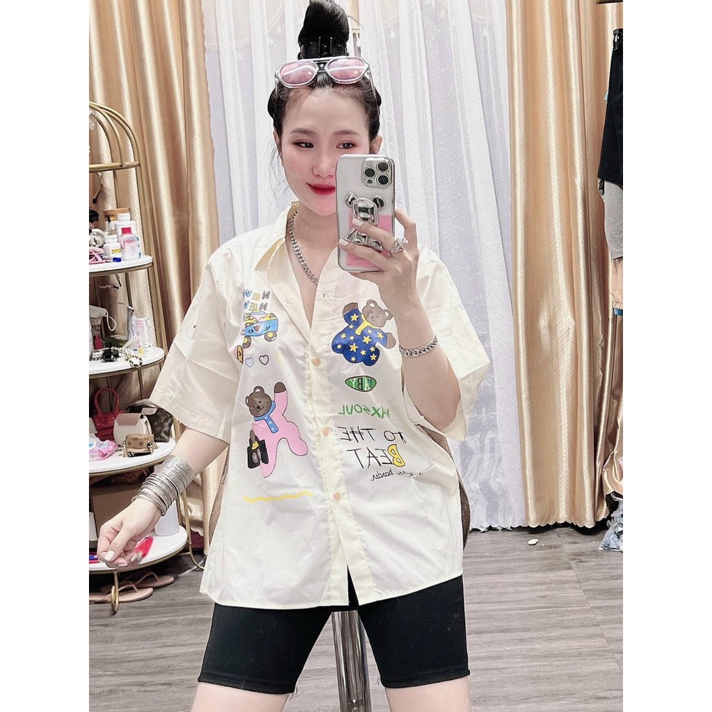 Sét áo sơ mi QC form rộng in hình dễ thương phối quần ngố body trơn cực hot ( ẢNH THẬT )