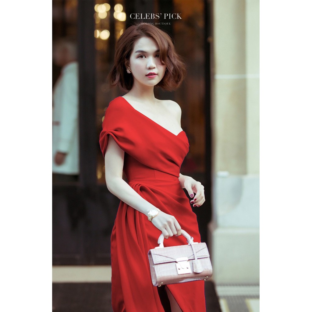 đầm body đỏ lệch vai bèo sẻ đùi mặc dự tiệc sang chảnh -CLR.D45