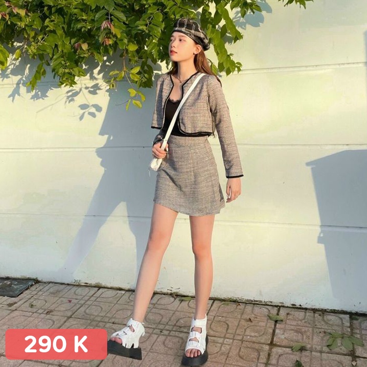 Set 3 món: Áo khoác crop viền + áo 2 dây đen viền ren + chân váy