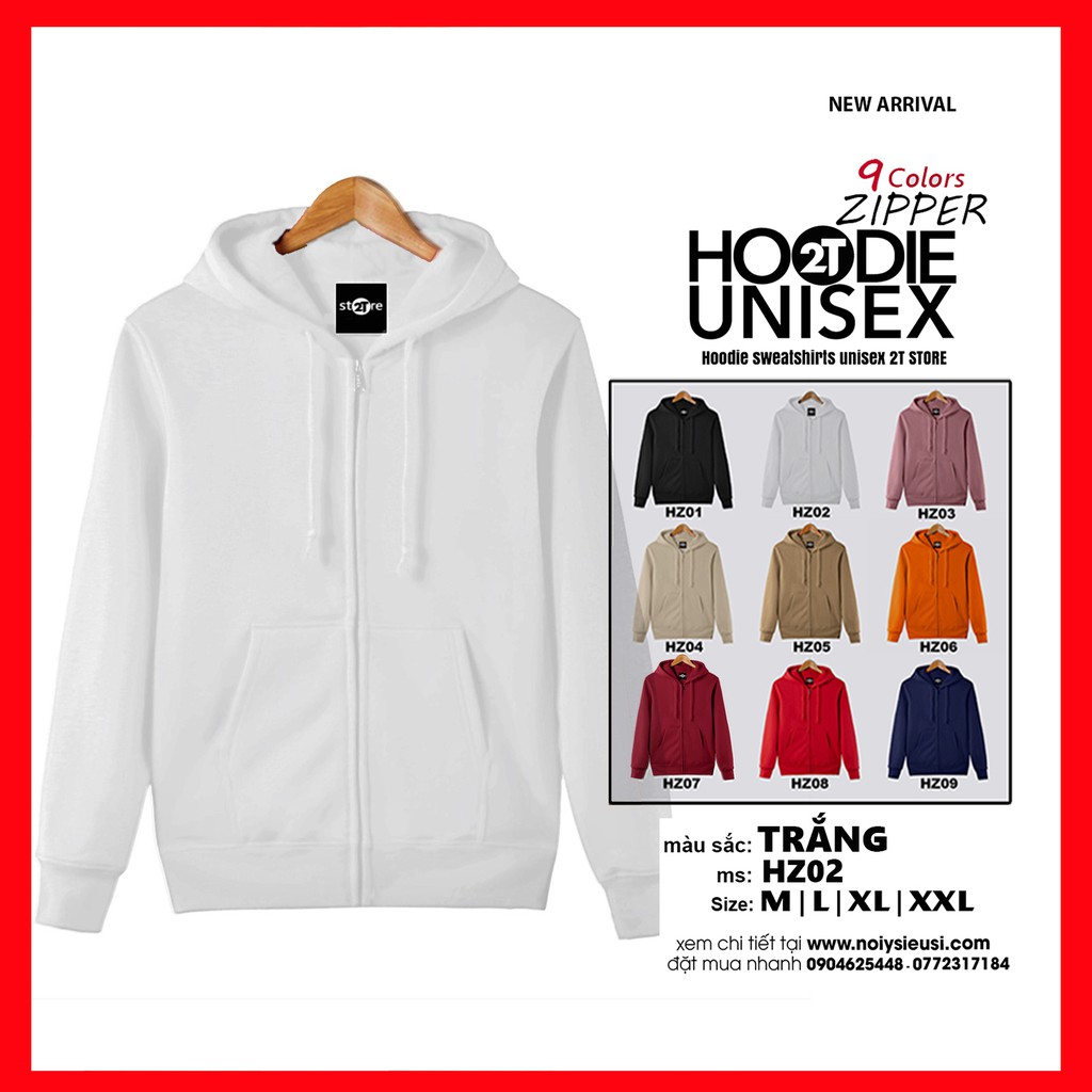 Áo hoodie zipper unisex 2T Store HZ02 màu trắng - Áo khoác nỉ dây kéo nón 2 lớp dày dặn chất lượng đẹp