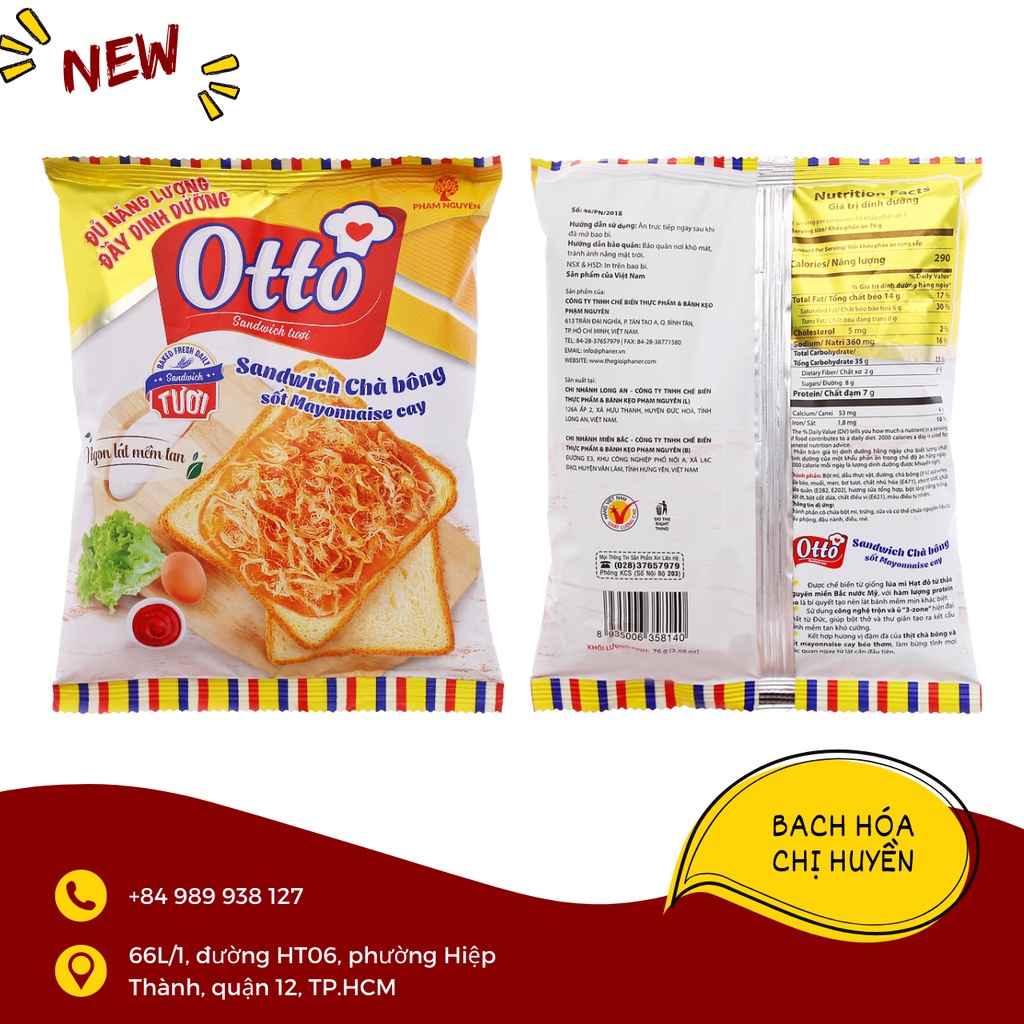 Bánh mì sandwich chà bông và sốt mayonnaise cay Otto gói 76g