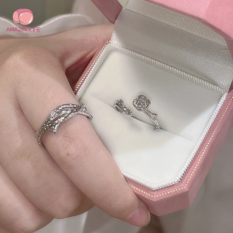 [Amazinglife] Nhẫn Cặp Đôi Hình Hoa Hồng Vintage Hàn Quốc Có Thể Điều Chỉnh Làm Quà Tặng Valentine