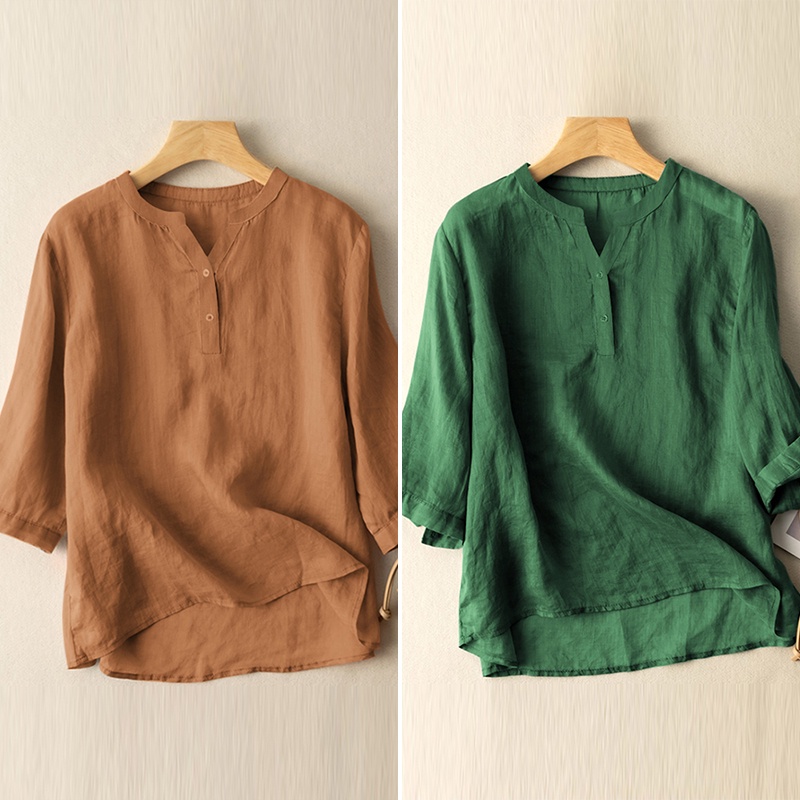 Zanzea Áo Sơ Mi Cotton Cổ Chữ V Màu Trơn Dáng Rộng Thời Trang Cho Nữ