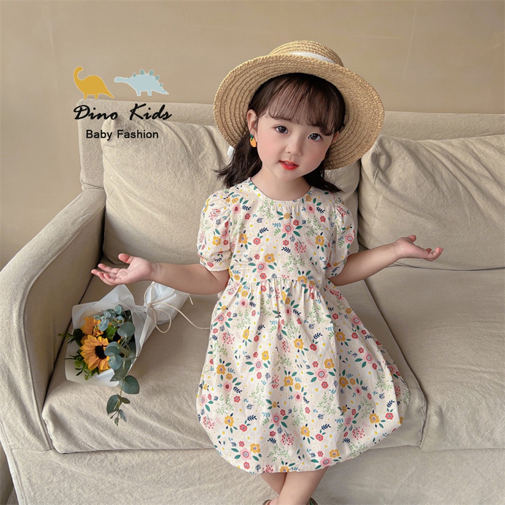 Váy babydoll hoa nhí bé gái kiểu dáng vintage tay nhún cúc cài sau chất thô hàn mát mẻ Dinokids