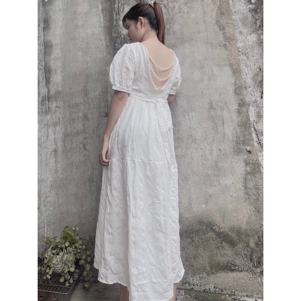 ĐẦM MIDI TRẮNG CÔ VUÔNG VIỀN NƠ LƯNG
