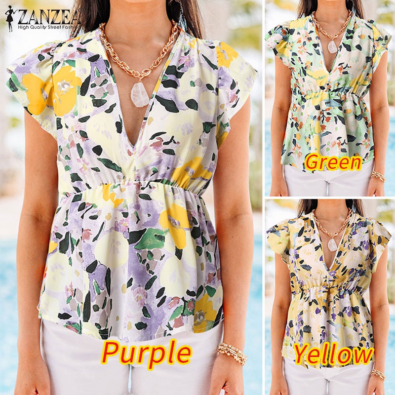 Zanzea Áo Tay Ngắn Cổ Chữ V In Họa Tiết Hoa Thời Trang Dành Cho Nữ