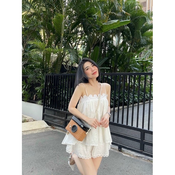Set áo ren 2 dây phối ren mi + quần short