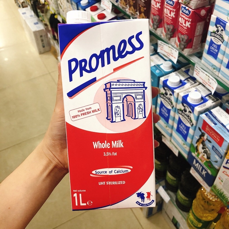 Sữa tươi không đường Promess 1 lít - Pháp: tách béo, nguyên kem, vitamin, không béo