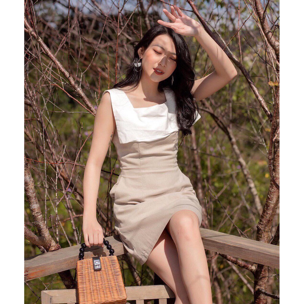 (kèm ảnh thật) Đầm xoè nude cổ vuông trắng - D496