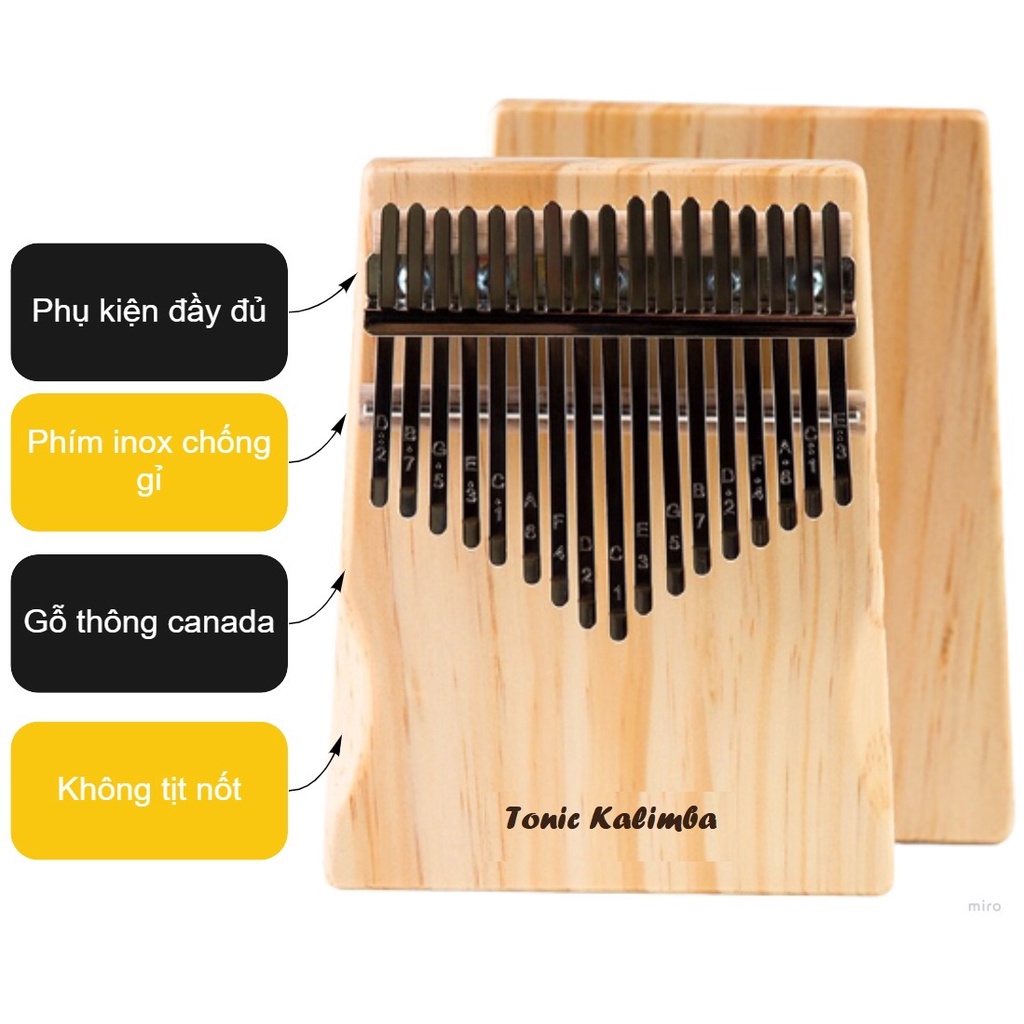 Đàn kalimba Tonic 17 phím giá rẻ gỗ thông Canada âm vang không tịt nốt phụ kiện như hình TONIC-M202185