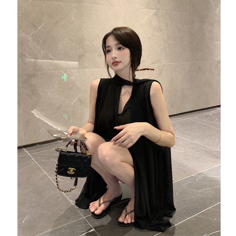 Áo cột dây ruy băng thời trang hè cổ V kiểu Pháp không tay dành cho nữ 2024