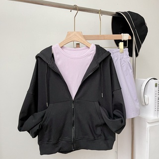 Áo khoác croptop có mũ trơn đen lenclothing 835500