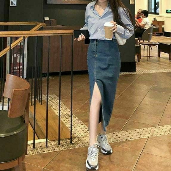 Chân váy jean dài chữ A xẻ tà