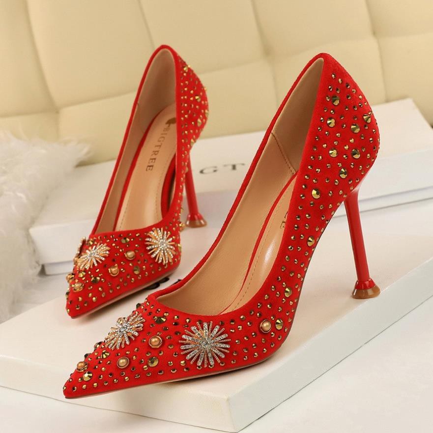 GIÀY CAO GÓT BIGTREE DA LỘN MŨI NHỌN RHINESTONE TRANG TRÍ 278-16