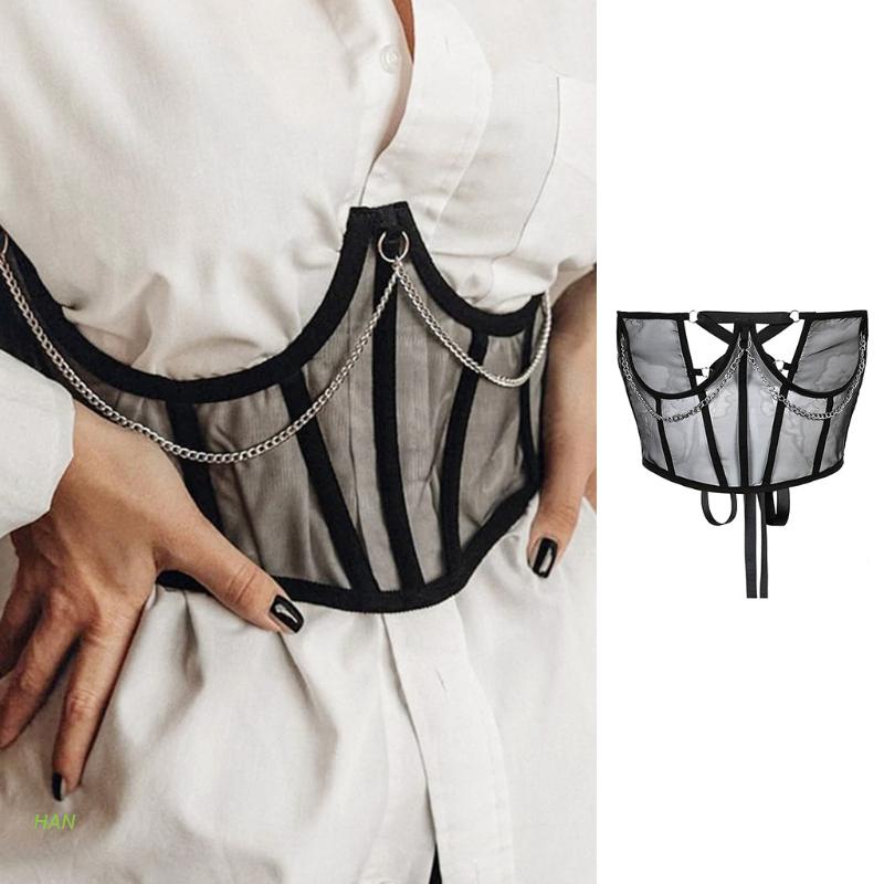 Đai lưới nịt bụng phối dây xích kim loại màu đen phong cách Harajuku cổ điển