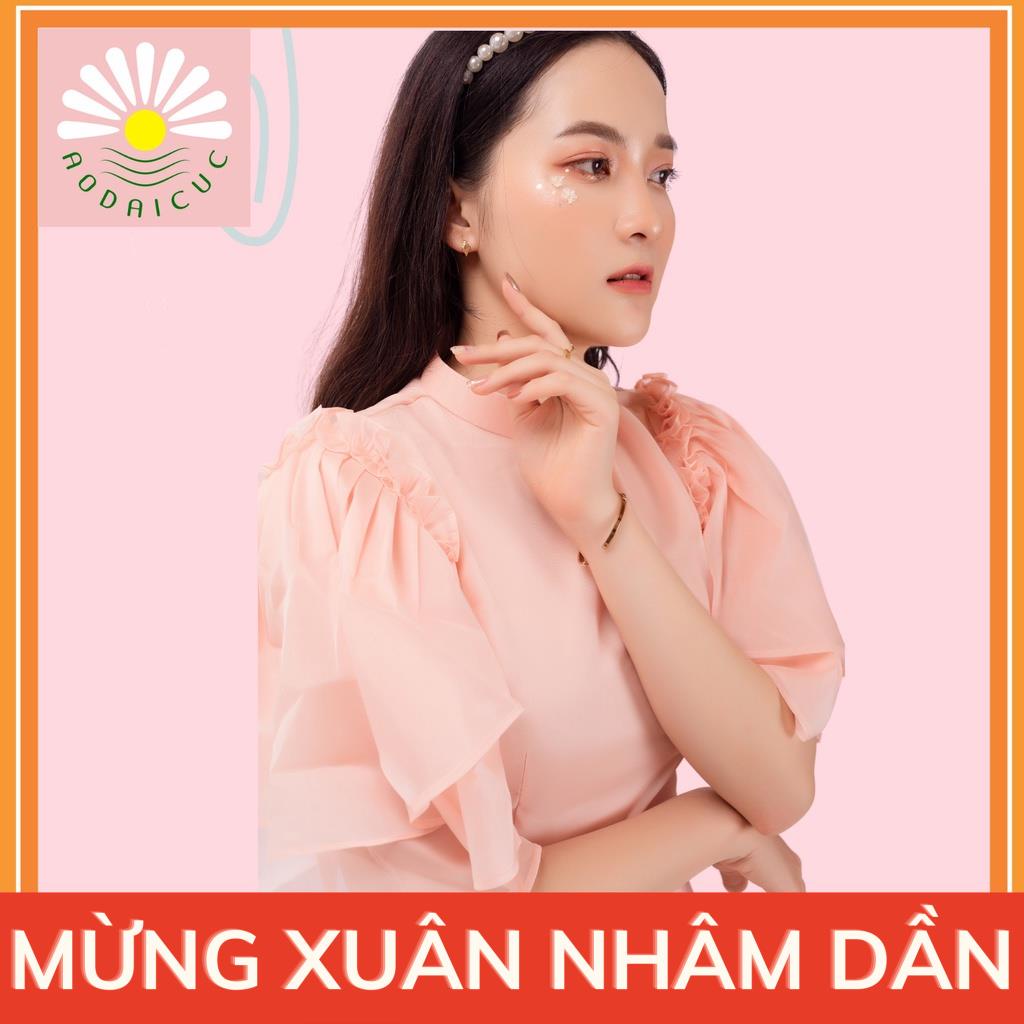 Áo dài nữ, tay bồng, màu hồng phấn, cách tân bốn tà, lụa mềm mịn, cổ vuông 2cm