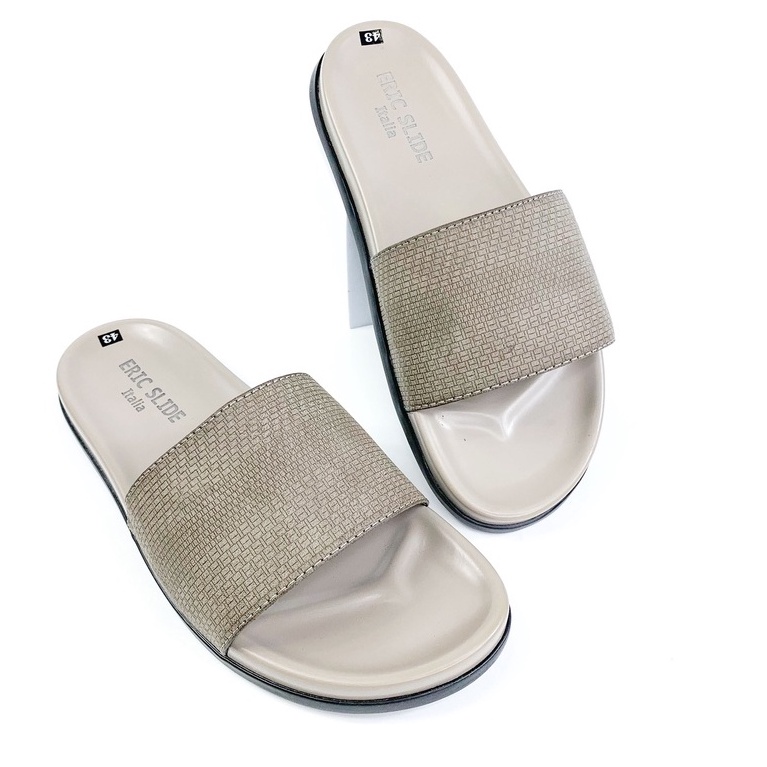 Dép Nam Quai Ngang Eric Slide quai da bò nhập khẩu, đế chống trượt, họa tiết đan trơn