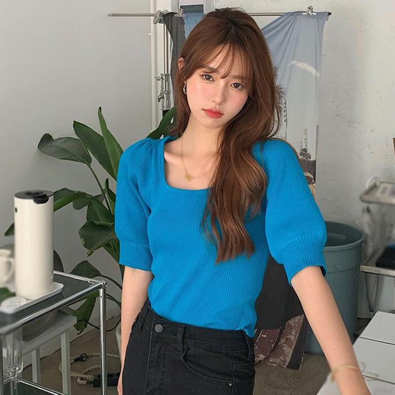 Áo thun tay ngắn cổ vuông màu sắc đơn giản thời trang cho nữ