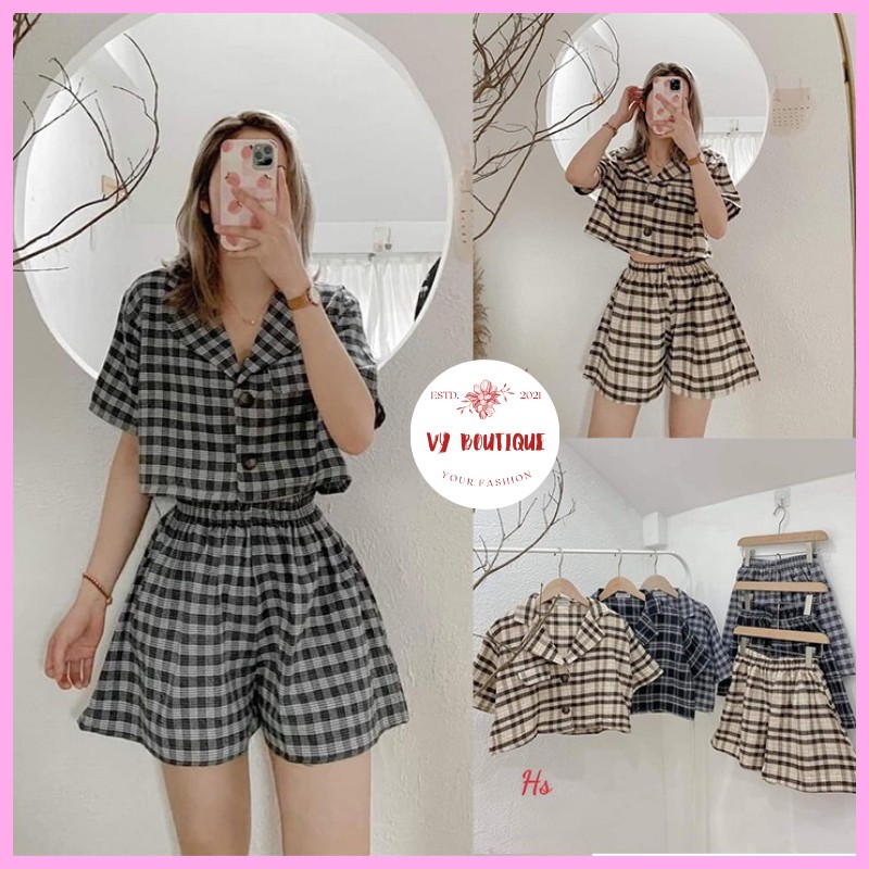 Set Kẻ Véc Croptop Quần Dáng A Chất Kẻ Thô