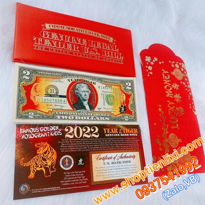 Tờ 2 USD Mạ Vàng Con Hổ 2022 - Seri Năm Sinh - Tiền Lưu Niệm Sưu Tầm Lì Xì Tết