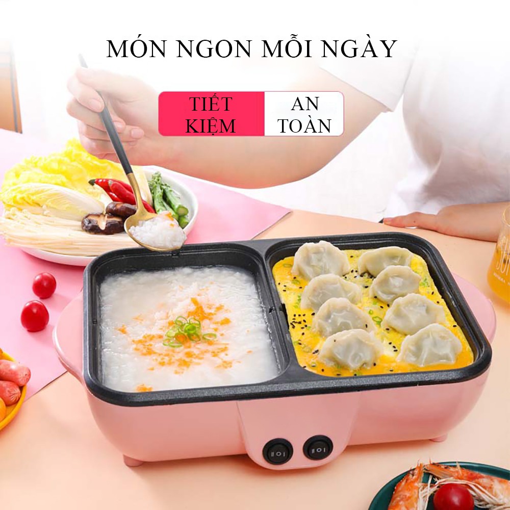 Bếp lẩu nướng 2 in 1, Nồi lẩu mini đa năng 2 ngăn, nồi nướng điện siêu tốc chống dính thế hệ mới tiện dụng