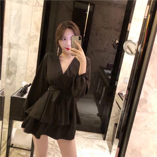 KÈM ẢNH THẬTĐầm Cổ V Đắp Chéo đen/ đỏ