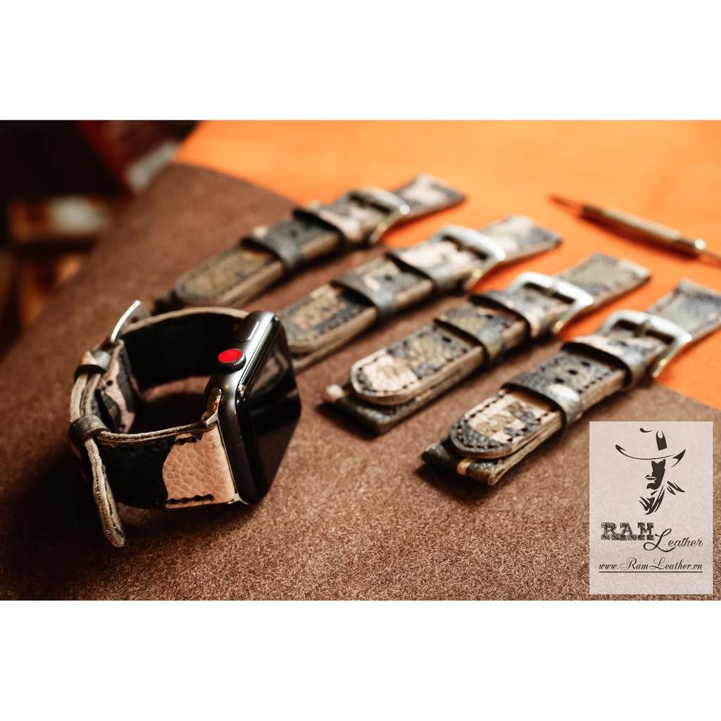Dây Đồng Hồ AW, iWatch Series 7 SE 6 5 4 3 2 1 Đủ Size Da Bò Thật Bền Đẹp Rằn Ri Quân Đội