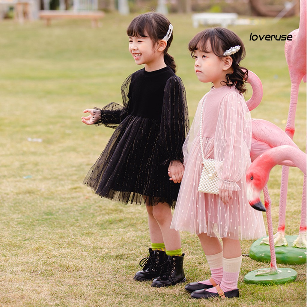 Đầm Xòe Dệt Kim Tay Dài Phối Lưới Thoải Mái Cho Bé Gái