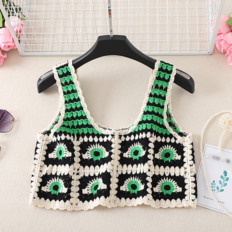 Áo Croptop Dệt Kim Họa Tiết Mắt Hình Học Màu Sắc Tương Phản Cho Nữ