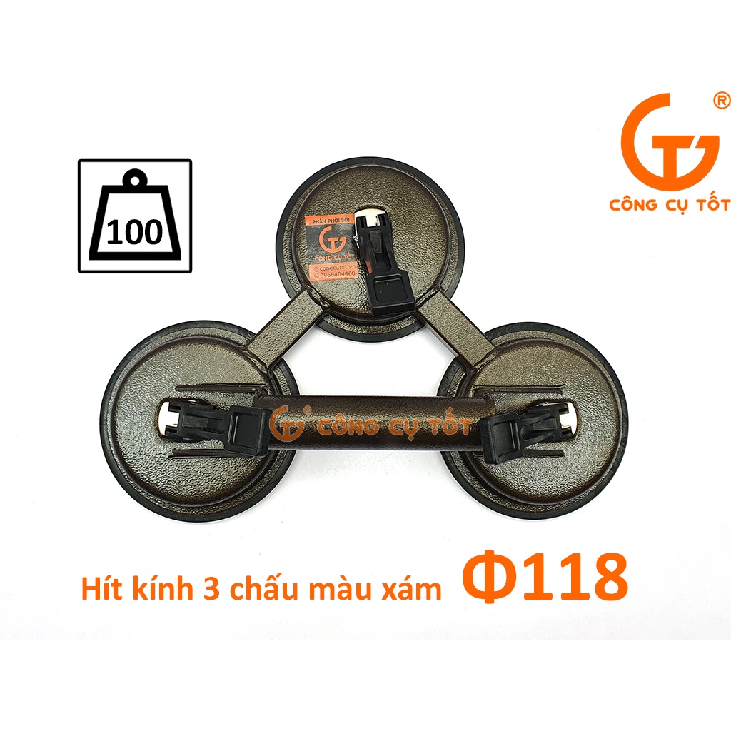 Tay hít kính - hút gach 3 chấu Φ118mm màu xám