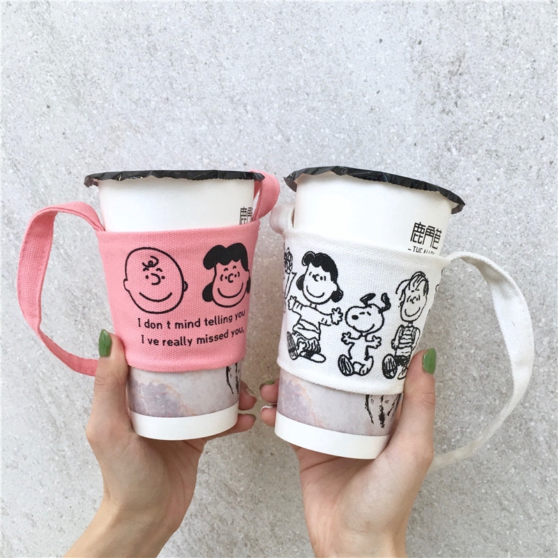Túi Vải Canvas Đựng Cốc Nước Chống Nóng Hình Snoopy Charlie Giá Đỡ