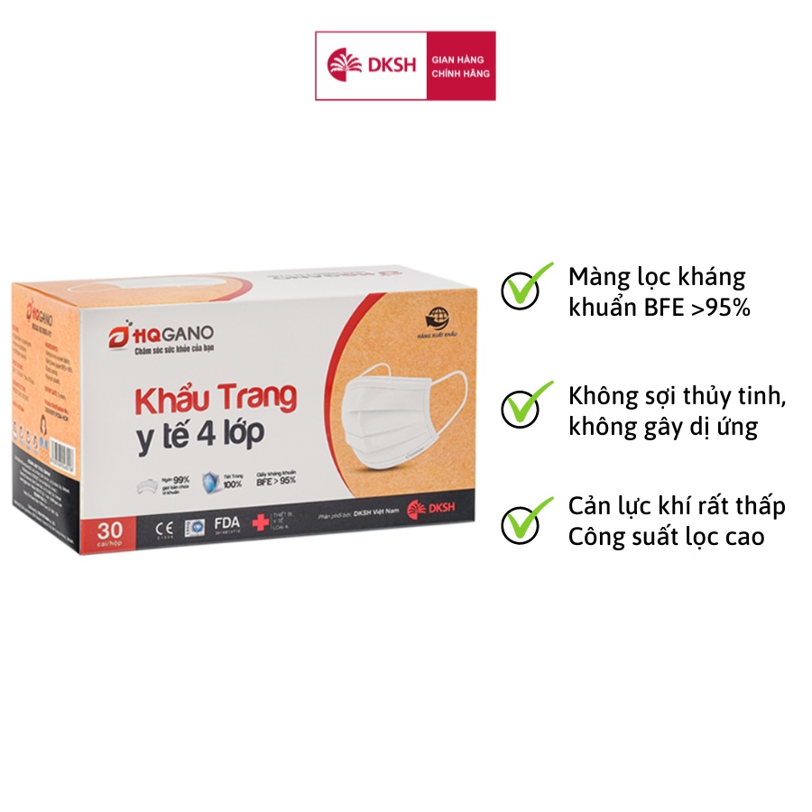 Hộp khẩu trang y tế quai 3D mới HQGANO 4 lớp kèm giấy kháng khuẩn, chất liệu mềm mại, đạt chuẩn xuất khẩu(30 Cái/Hộp)