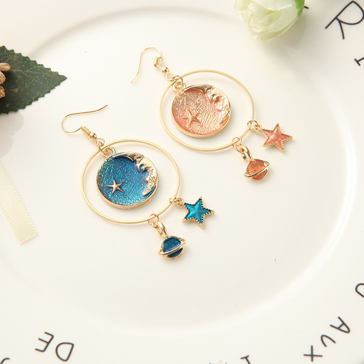 Cô gái Dreamlike Dangle dài Star &amp; Moon Earrings