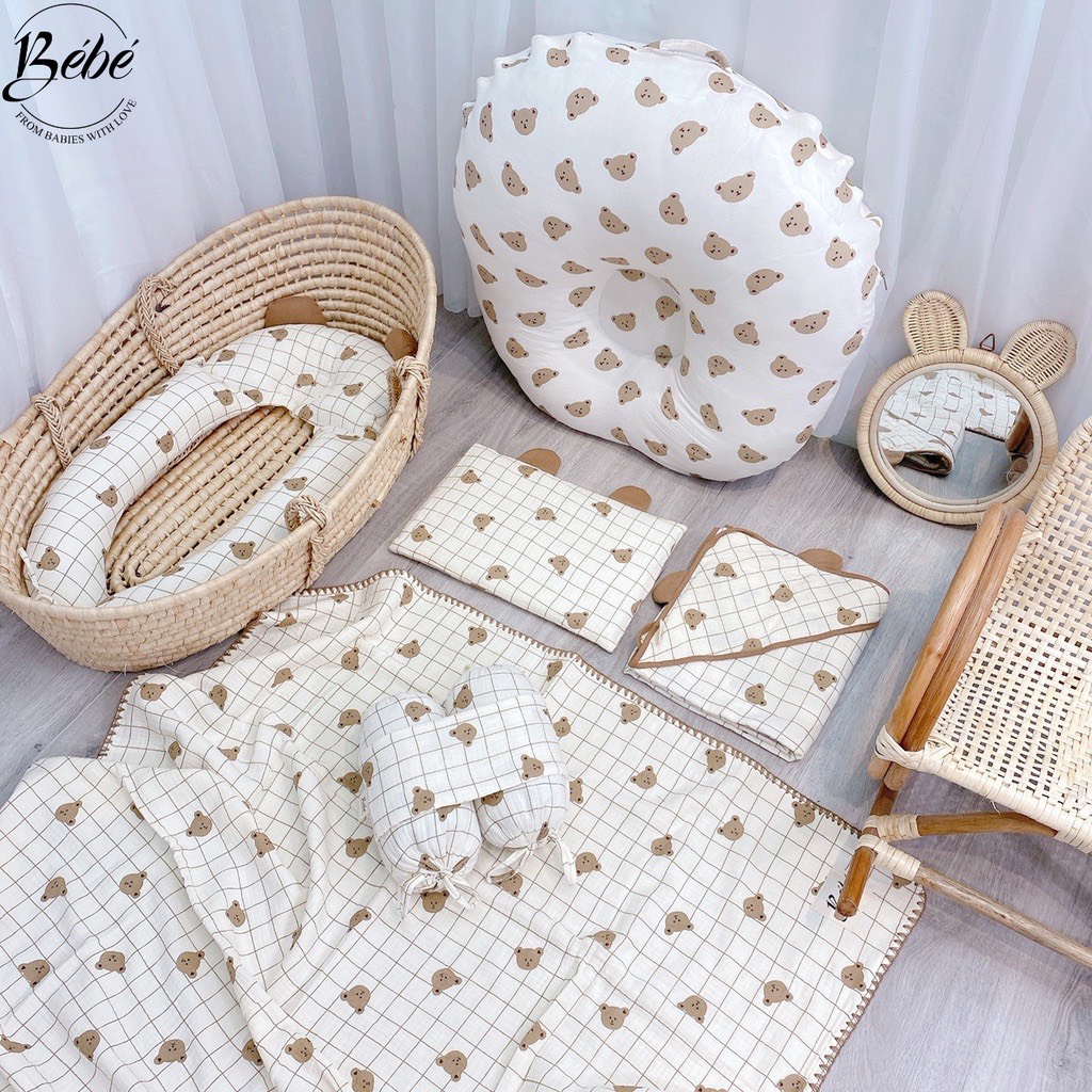 Bé Bé - Bộ Chăn, Gối Đầu, Gối Chặn, Gối Ôm, Ủ Choàng Họa Tiết Kẻ Nâu