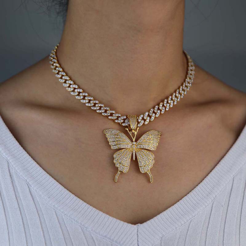 SENG* Butterfly Pendant  Cuban Chain Cubic Charm Tennis Chain Necklace Fashion Jewelry