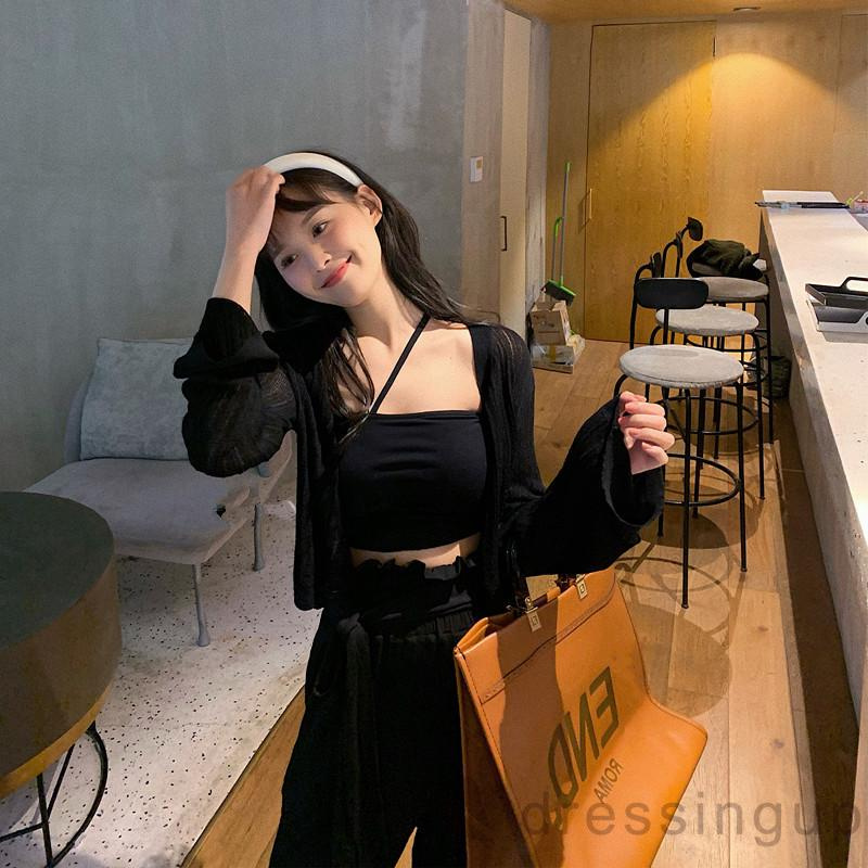 Áo Dệt Kim Tay Dài Cổ Chữ V Màu Sắc Đơn Giản Cho Nữ