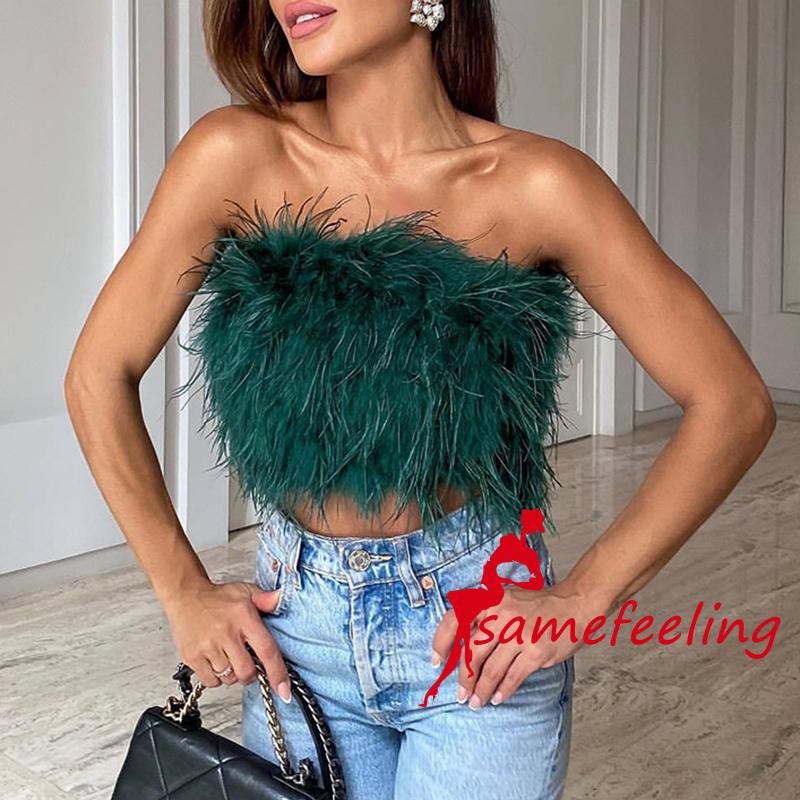 Sf Áo Không Tay Lông Vũ Màu Trơn Hở Lưng Dáng Ôm Gợi Cảm Cho Nữ