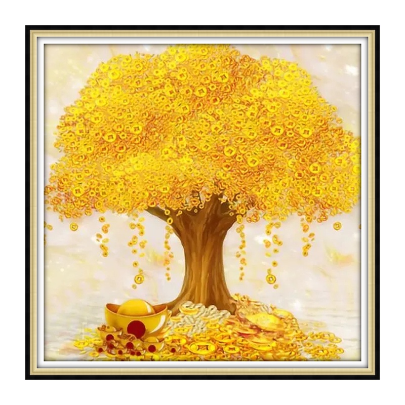 Tranh Đính Đá 5D Tự Làm Hình Cây Màu Vàng 50x50cm