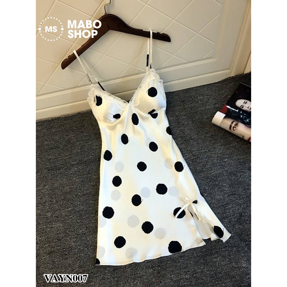 Mã FSSJAN16 giảm 20k đơn từ 50k_ Váy ngủ nữ lụa chấm bi phối ren sexy VAYN007 cao cấp có mút nâng ngực | BigBuy360 - bigbuy360.vn